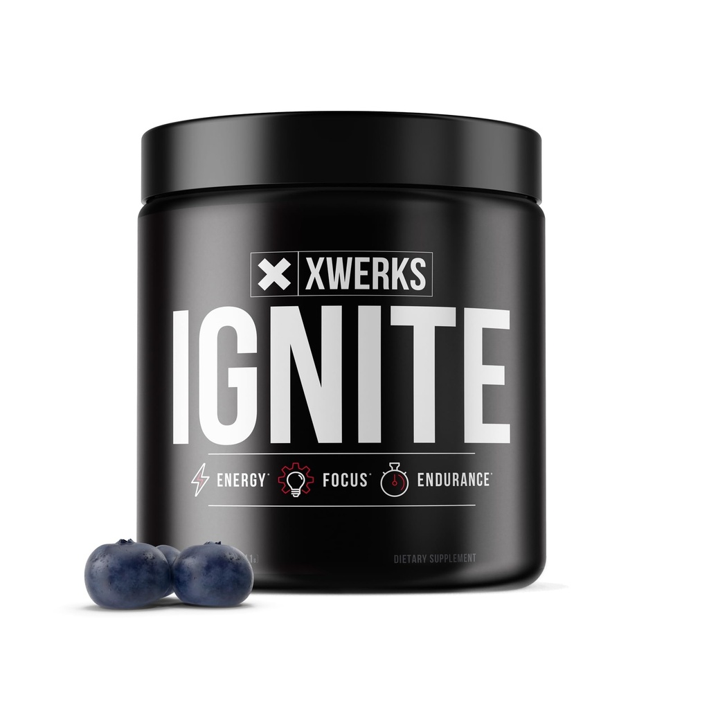 Xwerks Ignite Blue Razz Pre Workout Poudre, pré-entraînement kéto naturel pour les femmes et les hommes avec l'énergie explosive, mélange sans gluten pour l'endurance et l'endurance, 150mg caféine, 30 portions