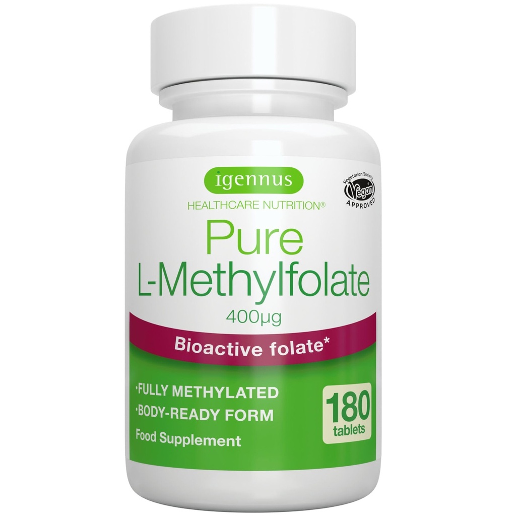 Igennus Pure Methyl Folate 400 mcg, 180 Tablets, 5-MTHF Active Folate (B9)