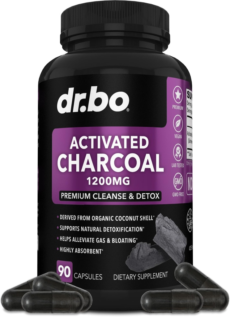 Geactiveerde Charcoal Capsules Reinigen Detox - 1200mg Biologische Kokoskool Pillen voor Maaggas en Opgeblazen Hulp voor Heren Vrouwen Kinderen - Actieve Capsules Poeder Binder Geactiveerde Supplementen voor Gut