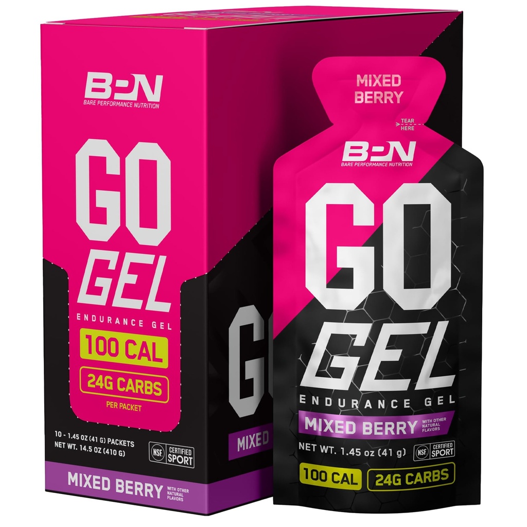 BARE PERFORMANCE NUTRITION, BPN Go Gel Endurance, 24g Koolhydraten & 100 Calorieën per verpakking, Veganistisch + Glutenvrije loopgel, 10 enkele-serverende verpakkingen, gemengde Berry