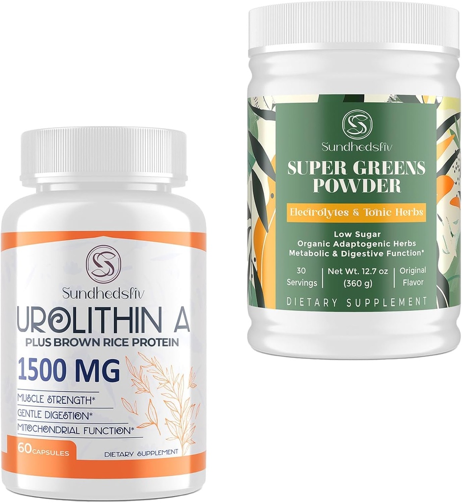 Urolithin A Supplement 1500MG Plus Bruine Rijst Proteïne + Super Greens Poeder Superfood Supplement met Elektrolyten & Tonic Kruiden