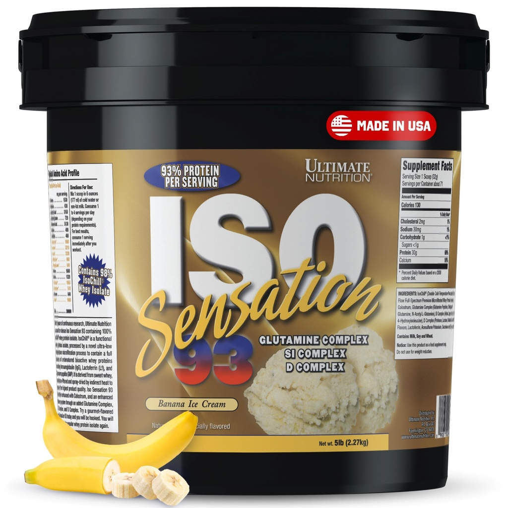 Ultimate Nutrition Wei Protein Isolaat Poeder met Glutamine Complex, ISO Sensation 93 - Wei Proteïne Poeder met Toegevoegd Colostrum voor verbeterd herstel, Immuniteit & Gut Health - Banana, 5lbs