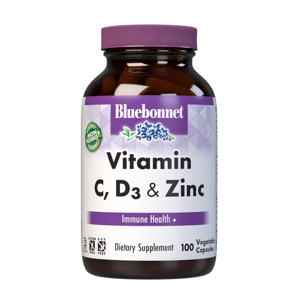 Bluebonnet Nutrition Vitamin C, D3 & Zink, for Immune Health and Respiratory Function*, Soy-Free, Gluten-Free, Non-GMO, Kosher Certified, Dairy-Free, 100 plantaardige Capsules, 100 porties