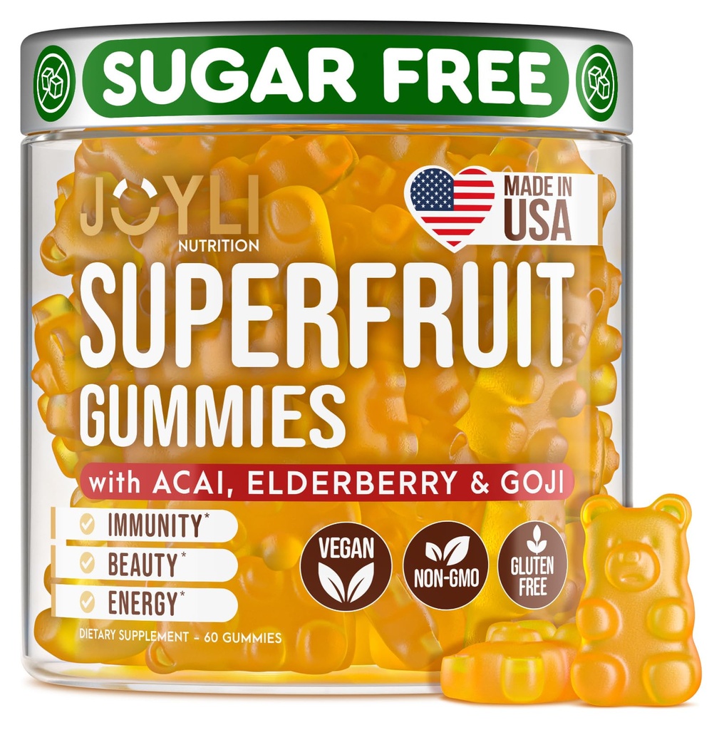 Joyli Superfruit Gummies - Sugar-Fruit Multivitamine Gummy's voor volwassenen - Natuurlijke Gummy Vitaminen voor vrouwen & mannen met Goji, Vlierbes, Vitaminen A, C, D & E - Ondersteunt Immuniteit, Digestie & Energie