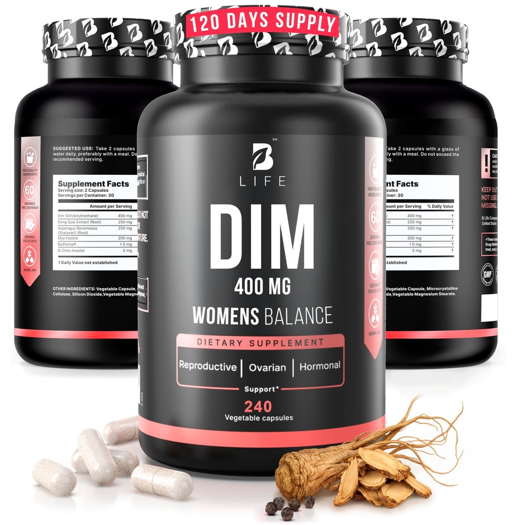 Supplément DIM 400 mg avec Myo & D-Chiro Inositol, Dong Quai - Suppléments PCOS – Hormone Balance for Women – Suppléments de fertilité – Supplément Inositol - 240 capsules