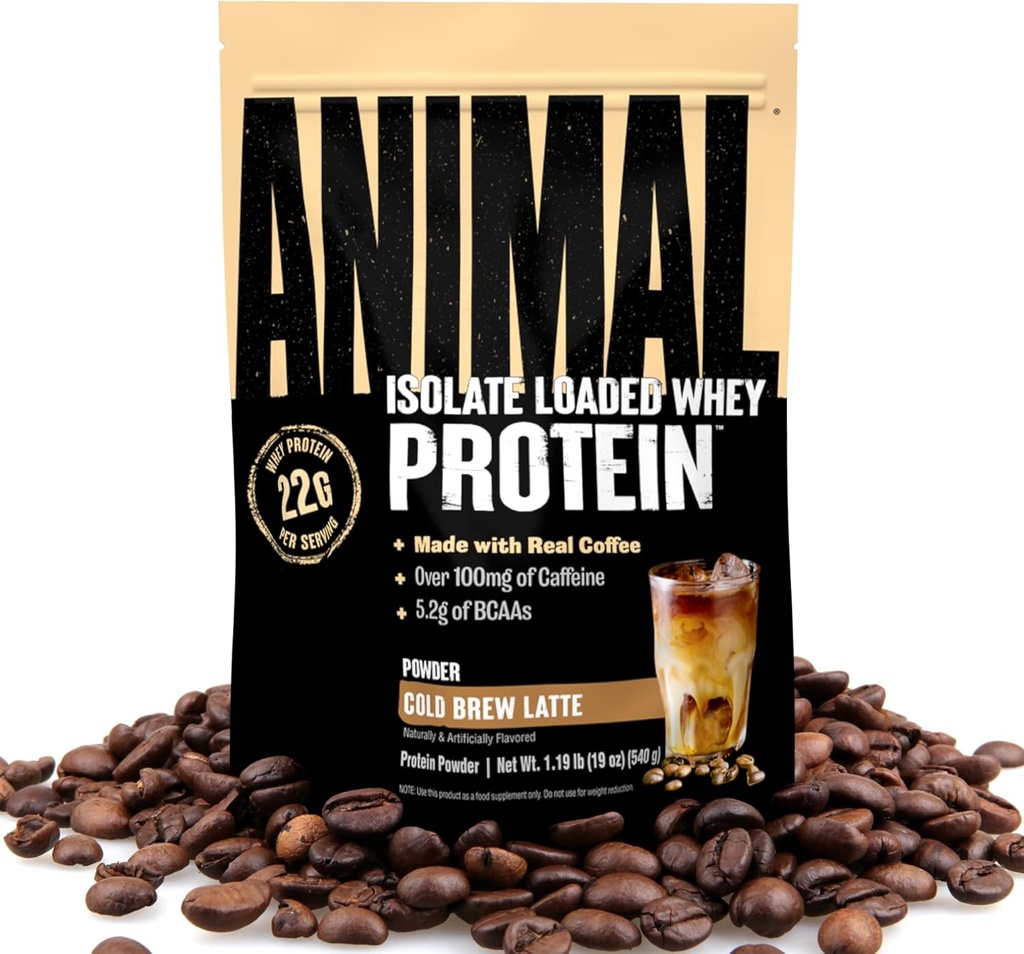 Animal Wei Protein Coffee Powder, geladen met 22 g eiwit, 100 mg cafeïne, en BCAA's voor Pre & Post Workout Muscle Builder Recovery met Digestieve enzymen voor mannen & vrouwen, Cold Brew Latte, 1 lb