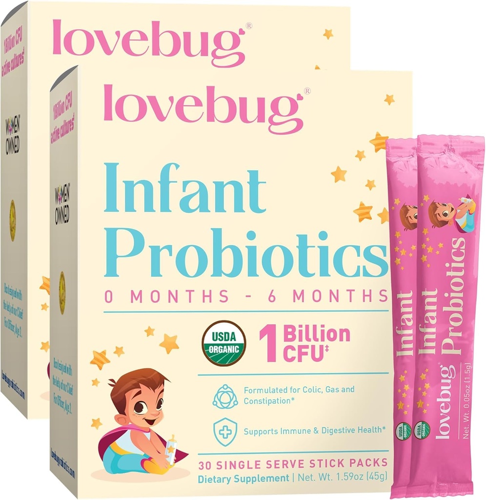 LOVEBUG Infant Probiotica 0-6 maanden - USDA Biologische Probiotica voor Baby's, Ondersteunt Baby Gas, Colic, Diarree en Pasgeboren Constipatie Relief, Allergenen & Sugar Free, Smaakloos Poeder, 60 Pack