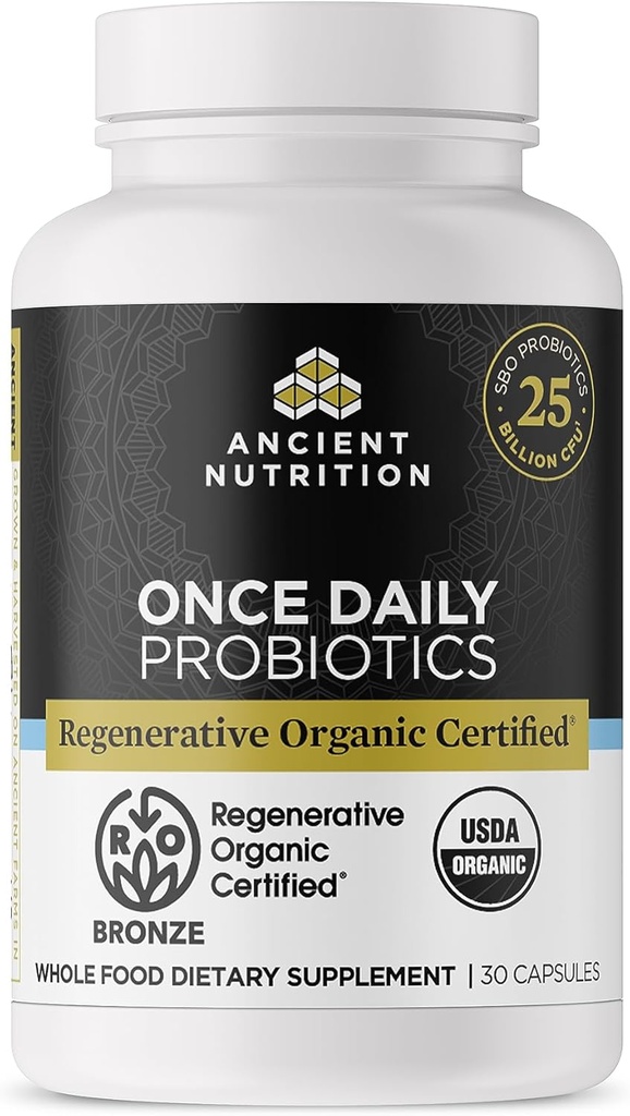 Nutrition ancienne Probiotiques certifiés biologique régénératifs, probiotiques quotidiens Une fois par jour, soutien de la digestion saine et du système immunitaire, 25 milliards d'UFC* par portion, 30 comtes