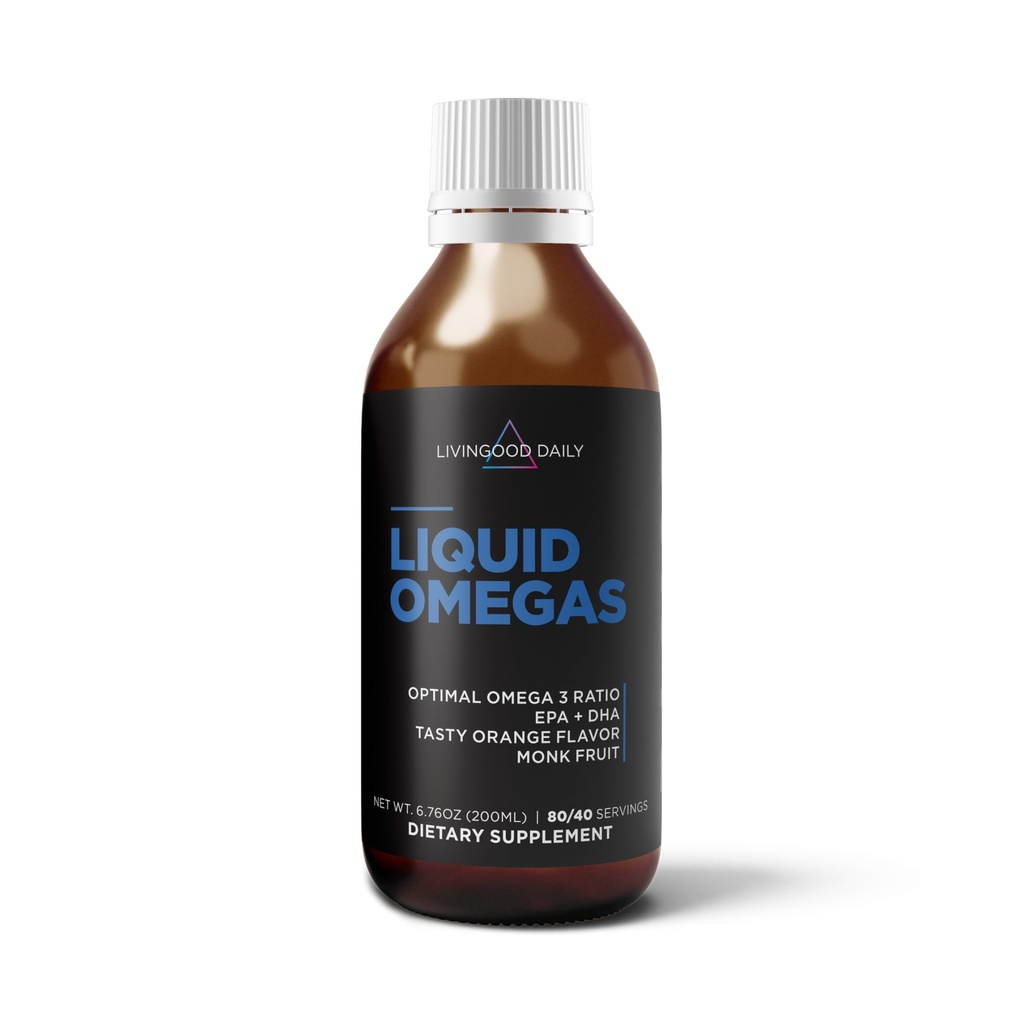 Livingood Daily Liquid Omega 3 Fish Oil, EPA & DHA supplement met Monk Fruit & Orange smaak, ondersteunt hart, gewrichts- & hersenen gezondheid, visolie voor mannen & vrouwen, niet GGO, Glutenvrij, 200 ML, 40 porties