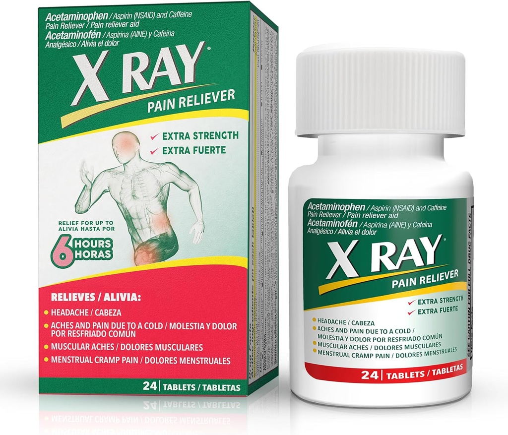 X RAY Extra sterkte pijn Reliëver: Acetaminophen 500 mg, Aspirine, Cafeïne - 24 tabletten Elke, Krachtige formule voor migraine, hoofdpijn, en rugpijn verlichting, vermindert ontsteking