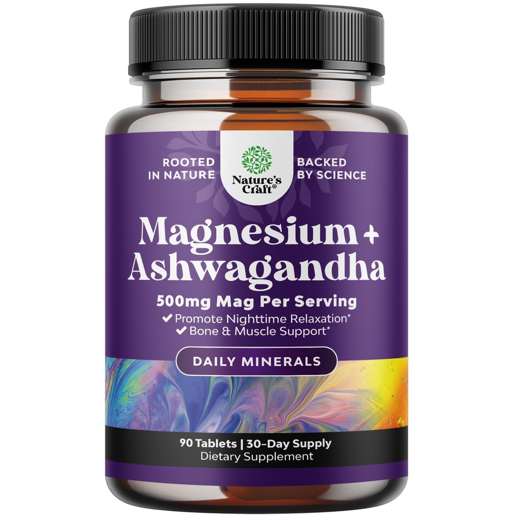Pure Calm Relaxing Magnesium Glycinate Supplement with Ashwagandha - Magnesium for Stress Support & Rest Ease for Adults - High Absorption Tablets for Bone Support & Muscle Cramps - 90 Count