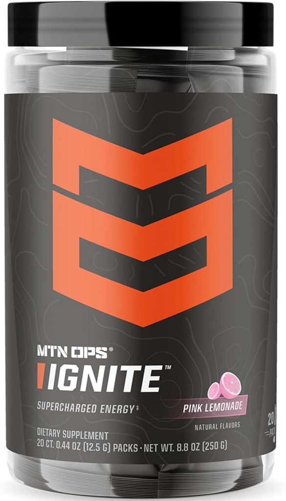 MTN OPS Ignite Trail Packs Energy Drink Powder, Glutenvrij Nootropic Supplement Drink Mix, L Arginine, L Citrulline, Cafeïne & Nootropic Sugar Free Drink Mix, 20 Servings, Roze Limonade