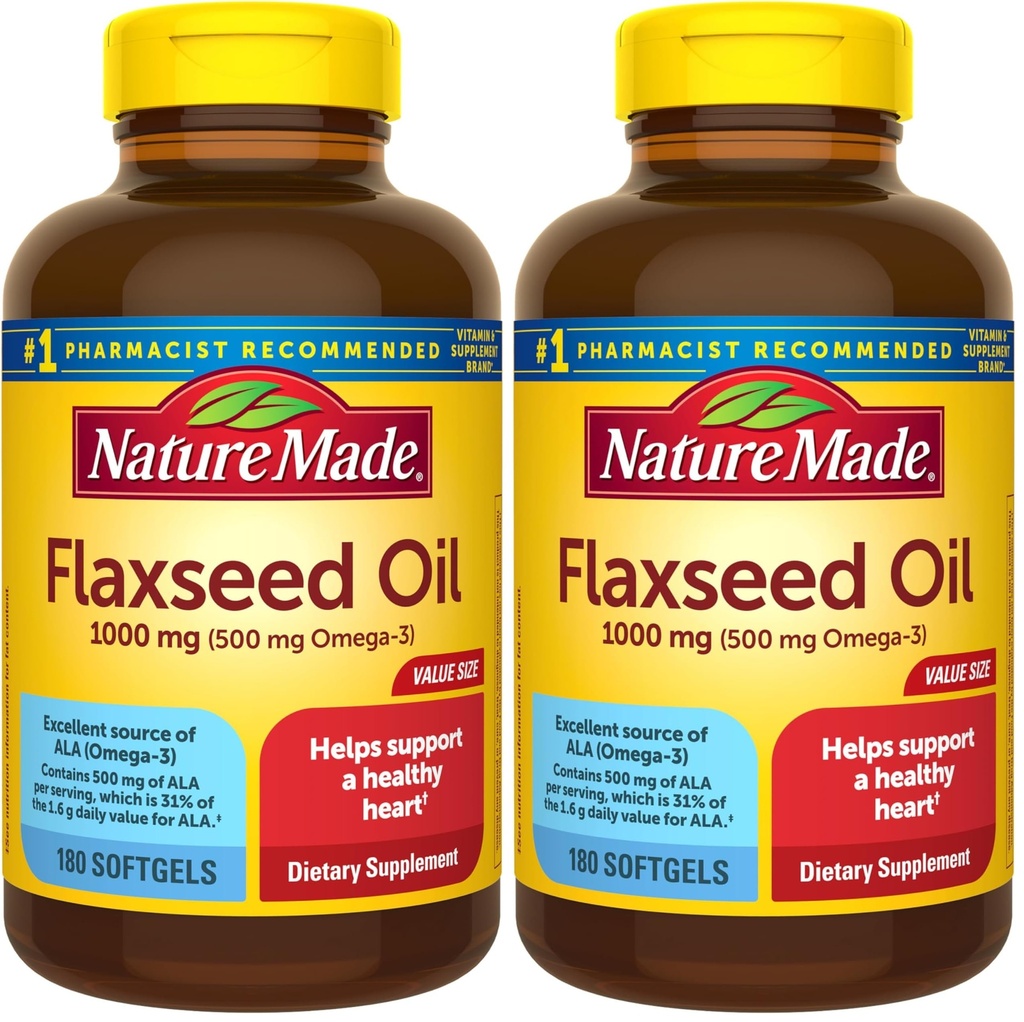 Nature Made Flaxseed Oil 1000 mg, Dieetsupplement voor Heart Health Support, 180 Softgels (pack van 2)
