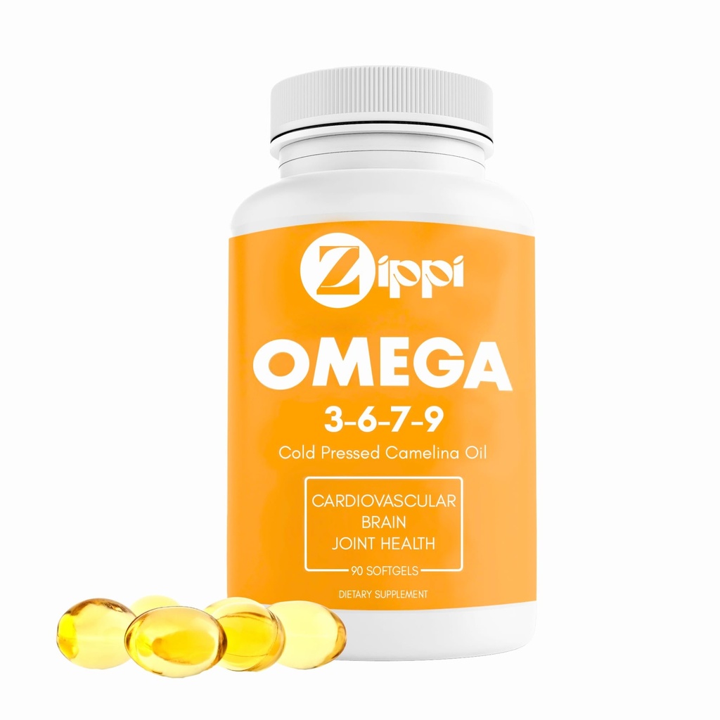 Zippi Omega 3-6-7-9 Camelina Softgels - supplément acide gras Omega 3-6-7-9 basé sur la plante. Aide à soutenir le cerveau, le foie, l'appareil cardiovasculaire, l'immunité et la fonction articulaire