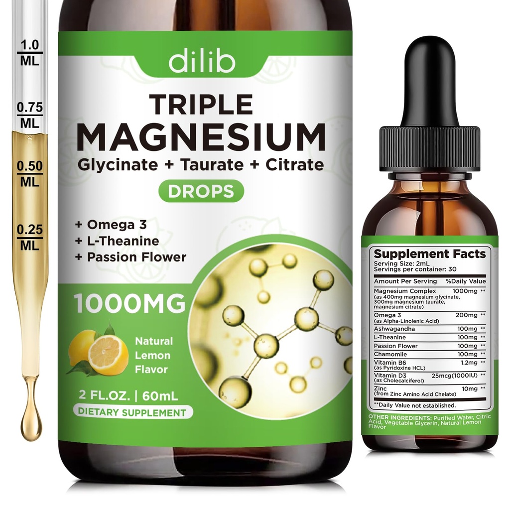 Supplément de glycine de magnésium liquide 1000mg, Citrate de magnésium calme, gouttes Taurées avec Omega 3, Zinc, Ashwagandha, L-Theanine, Camomille pour le sommeil, Mood, Soulagement du stress, Os, Muscle, Saveur de citron