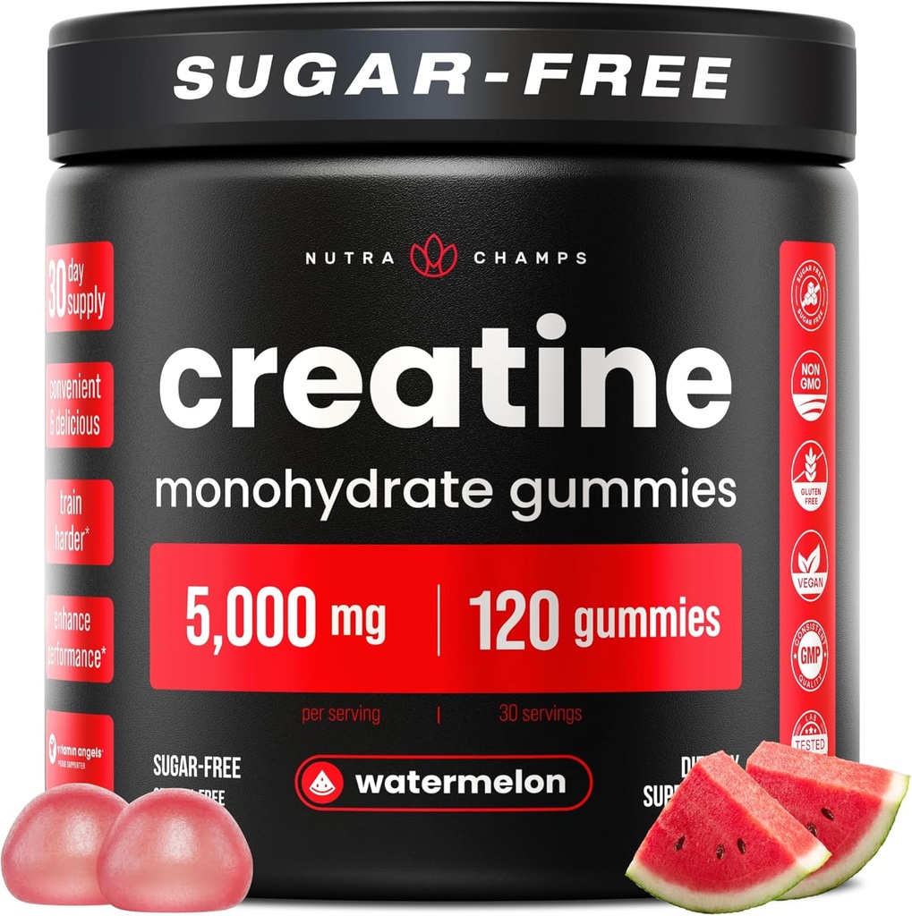 NutraChamps 120 Creatine Gummies voor mannen en vrouwen - 5g Suikervrij Kauwbare Creatine Monohydraat Gummies - Ondersteunt eiwitsynthese, spierherstel en workout prestaties