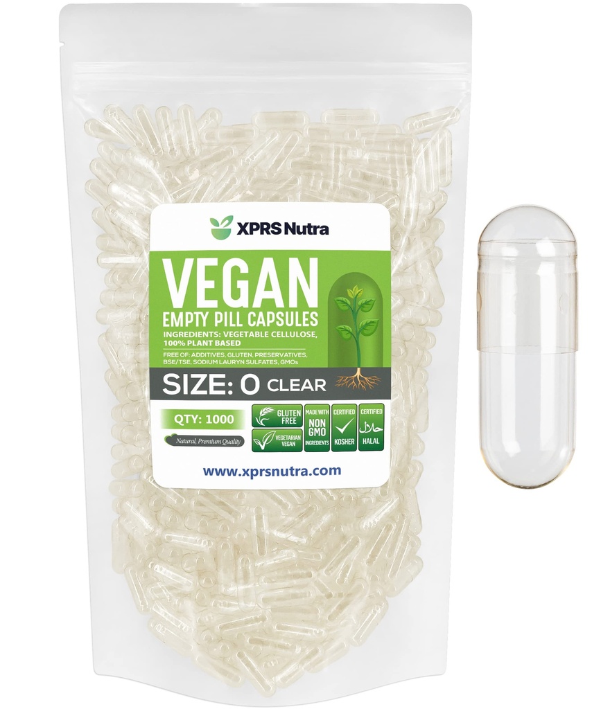 XPRS Nutra Size 0 Empty Capsules - 1000 Count Clear Empty Vegan Capsules - Vegetarian Pills - DIY Vegetable Capsule Filling - Veggie Pill Caps for Do-It-Yourself Supplements