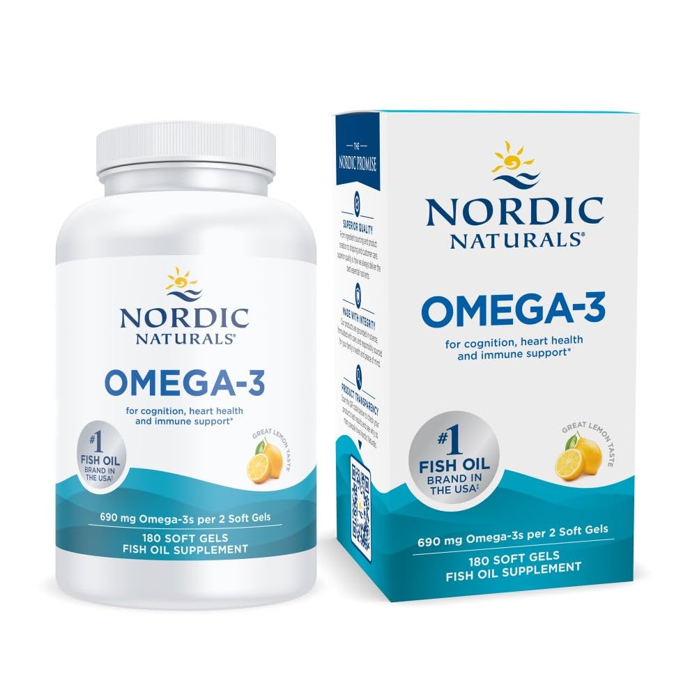 Nordic Naturals Omega-3, Saveur de citron - 180 gels mous - 690 mg Omega-3 - Huile de poisson - EPA & DHA - Soutien immunitaire, santé cérébrale et cardiaque, bien-être optimal - Non-OGM - 90 portions