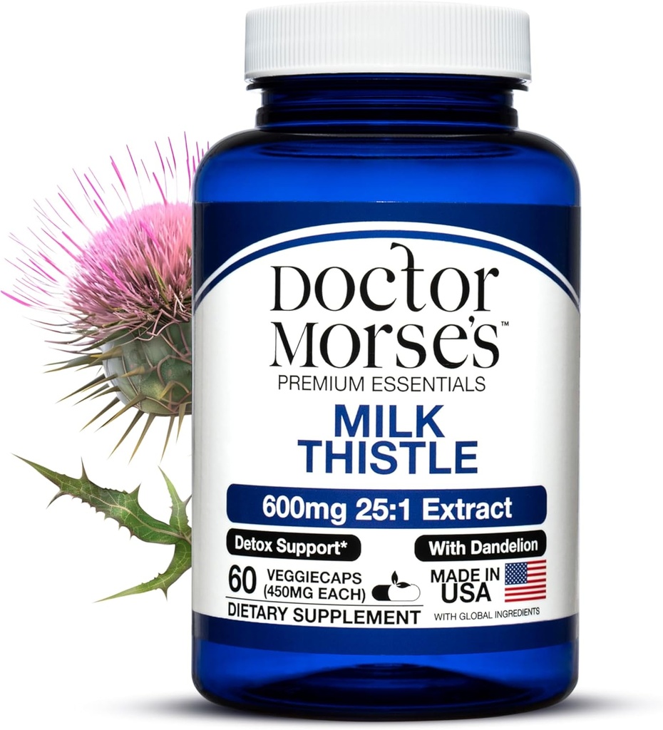 Doctor Morse Milk Thistle Supplement 25:1 Extract 600mg Equivalent aan 15000mg, Lever Detox Ondersteuning 4:1 Extract 300mg Equivalent aan 1200mg Dandelion Root - FDA Certified Ultra Potent Formula - 60 Caps