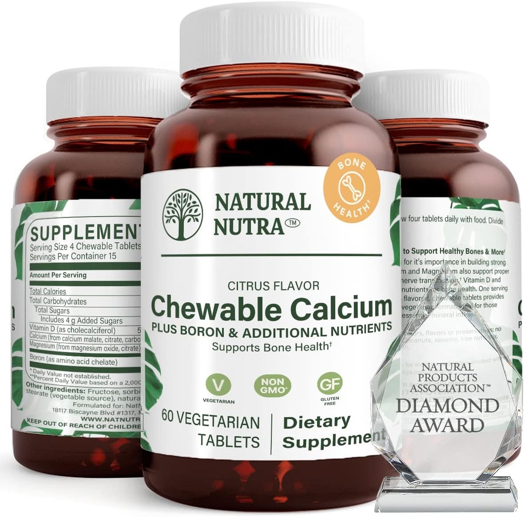 Natuurlijke Nutra kauwbare calciumsupplement voor bot sterkte, bevordert spier gezondheid, helpt verbeteren tanden gezondheid, ondersteuning zenuw gezondheid, en cardiovasculaire gezondheid, verbeteren bot sterkte, 60 tabletten
