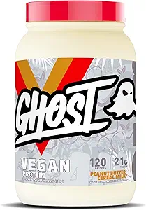 GHOST VEGAN Protéines en poudre, beurre d'arachide Lait de céréales - 2lb, 20g de protéines - Pois à base de plantes et protéines de citrouille organiques - Après l'entraînement et la nutrition Shakes, Smoothies et cuisson - Soy et sans gluten