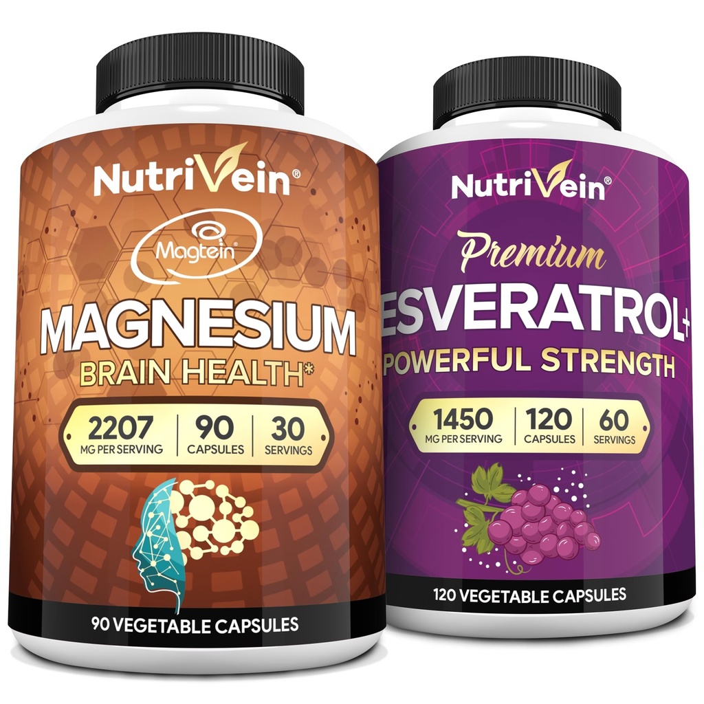 Nutrivein Premium Magnesium L-Threonate & Resveratrol Supplement Bundle: High-Absorptie Magnesium Threonate en Resveratrol Capsules for Repair, Defenses, & Vitality