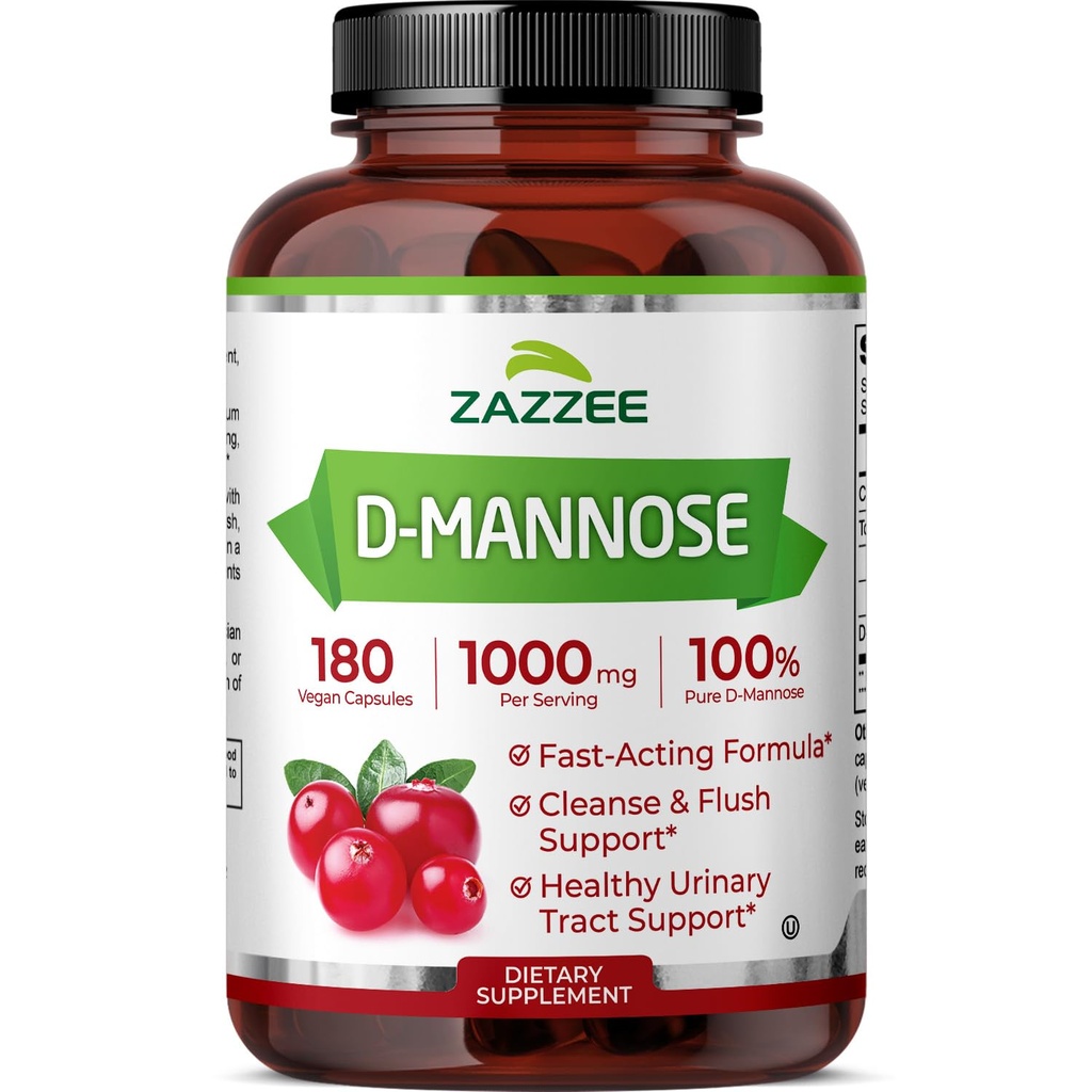 Zazzee D-Mannose, 1000 mg par portion, 180 capsules véganes, 3 mois d'approvisionnement, Potent et à action rapide, certifié Kosher, 100% Pure, All-Natural Urinary Tract Health Support, 100% Végétarien, Non-OGM