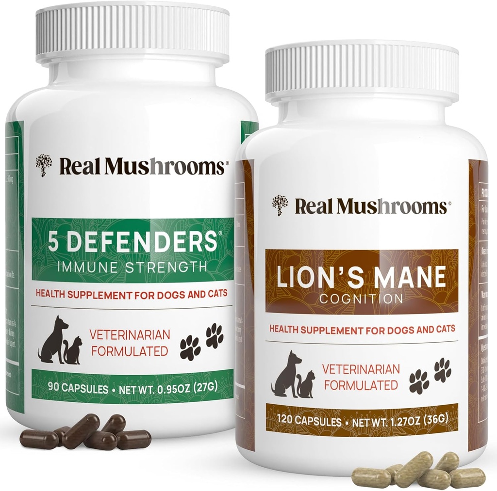 Echte Paddenstoelen 5 Verdedigers voor Huisdieren (90ct) en Lions Mane voor Huisdieren (120ct) - Bundel voor Immune Strength & Cognition - Veganistisch, Non-GMO, Glutenvrije, Grain-Free Mushroom Pets Supplementen