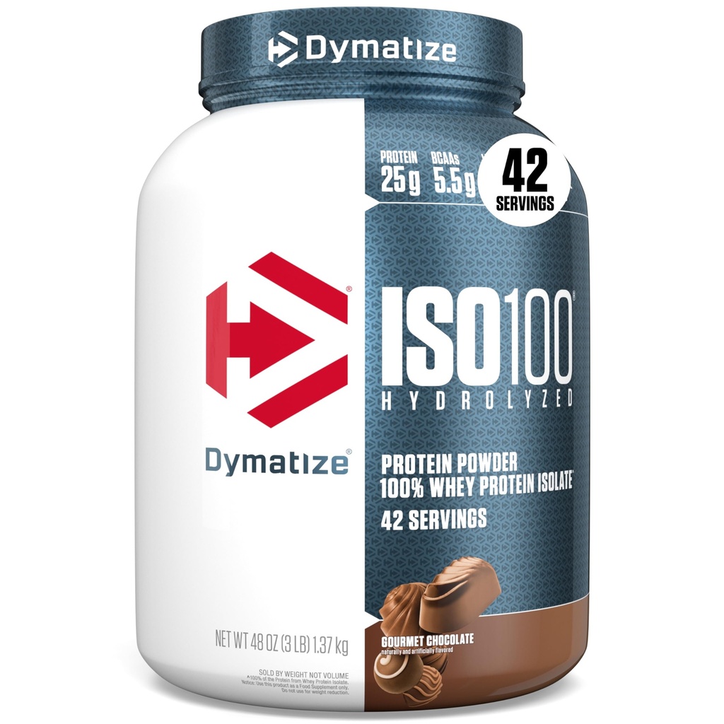 Dymatiser la poudre de protéines hydrolysées ISO100, 100% de lactosérum, 25g de protéines, 5,5g BCAA, sans gluten, absorption rapide, digestion facile, chocolat gourmand, 3 livres (42 portions)