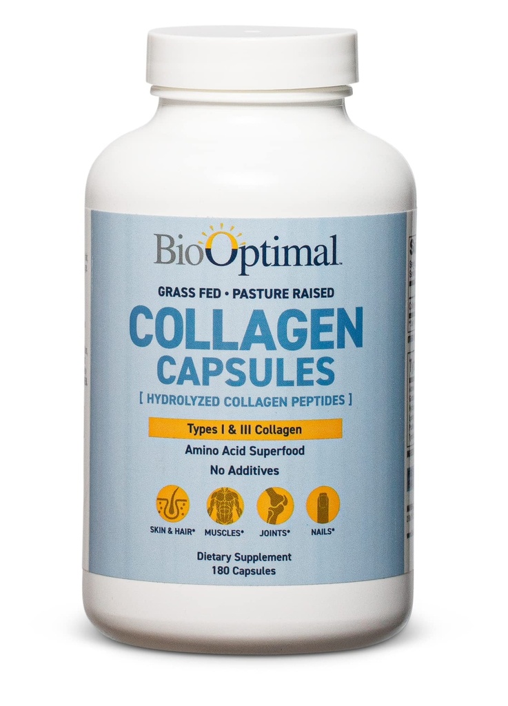BioOptimaal Collageen Peptides Capsules - Gras-Fed, Pasture-Raized Gehydrolyseerde eiwitsupplement voor huid, haar, & Nails - Non-GMO, Zero Sugar Daily Pillen voor mannen en vrouwen (180 Capsules)