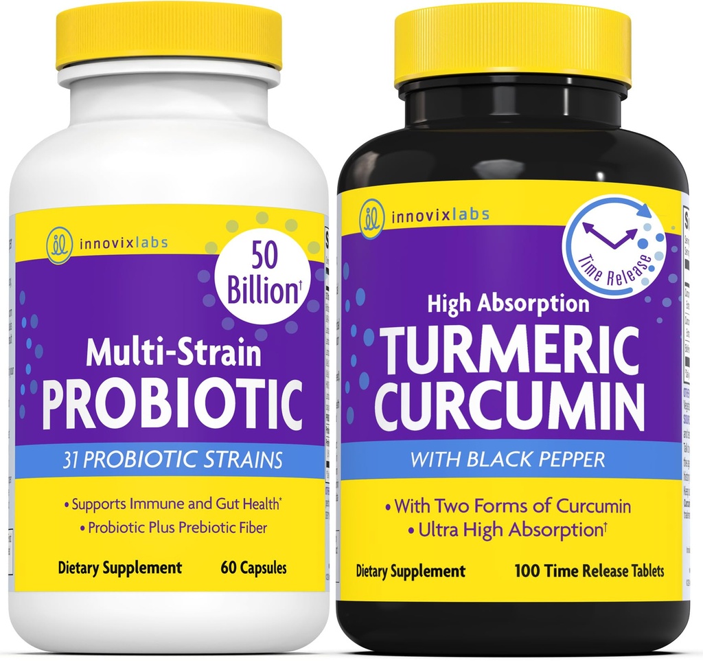 InnovixLabs Multi Probiotic & Curcumin Bundle Multi-Strain Probiotic (60 Time-Release Capsules) Turmeric Curcumin (100 Time-Release Tablets). Ondersteunt Gut en Immune Health. *