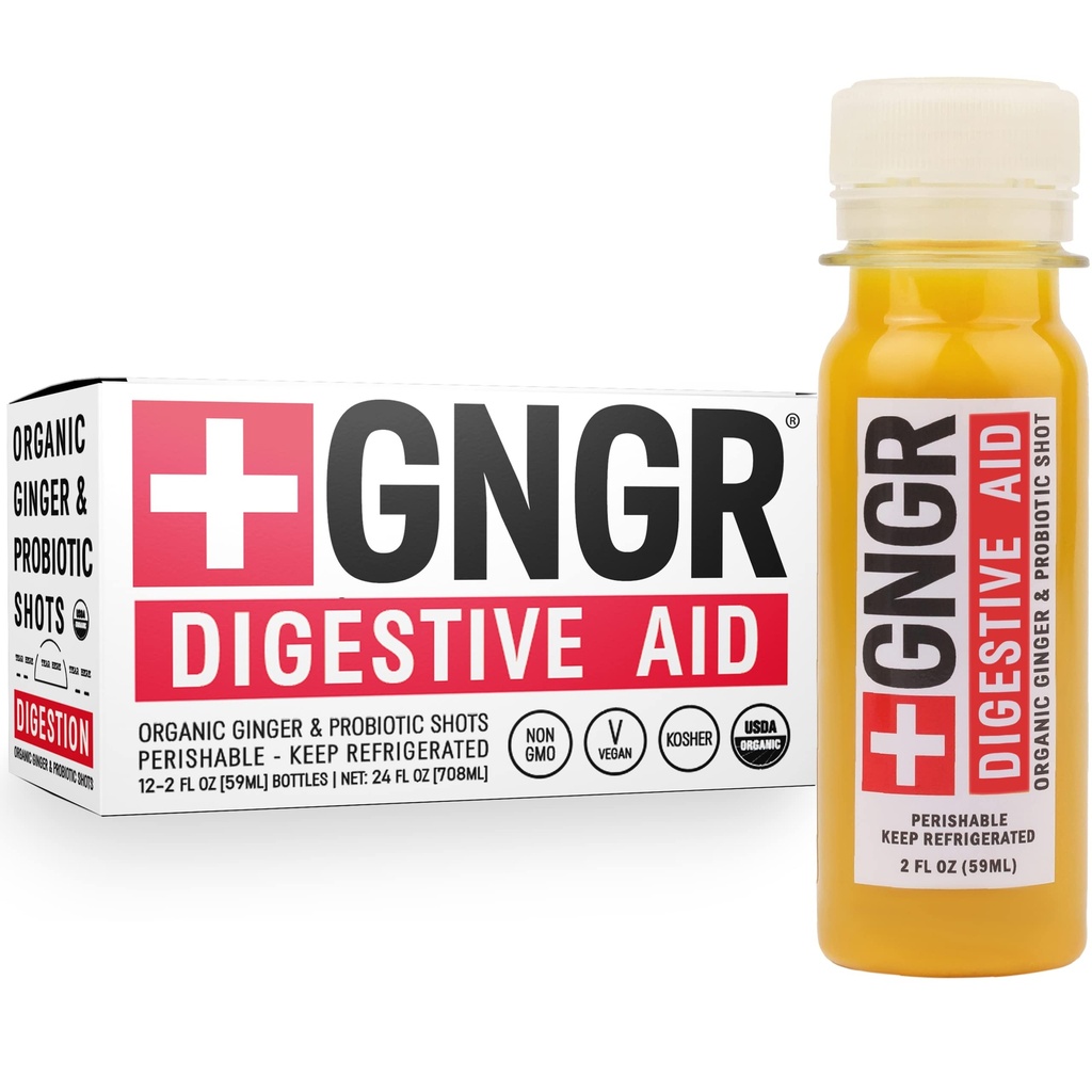 +GNGR Gingembre Digestif Organic Shots with Probiotiques, Gut Health, Colon Cleanse, Bloating Relief, Gut Detox, Immunity Shots with Ginger Juice, Turmeric, Black Pepper. (2 Oz, pack de 12)