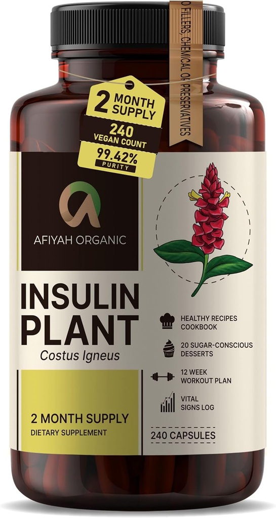 Premium Quality Costus Igneus (Insulin Plant) Capsules - Gemakkelijk te slikken 240 Veggie Capsules (2 maand levering) - Made in The USA - Inclusief Complete Health Support Program