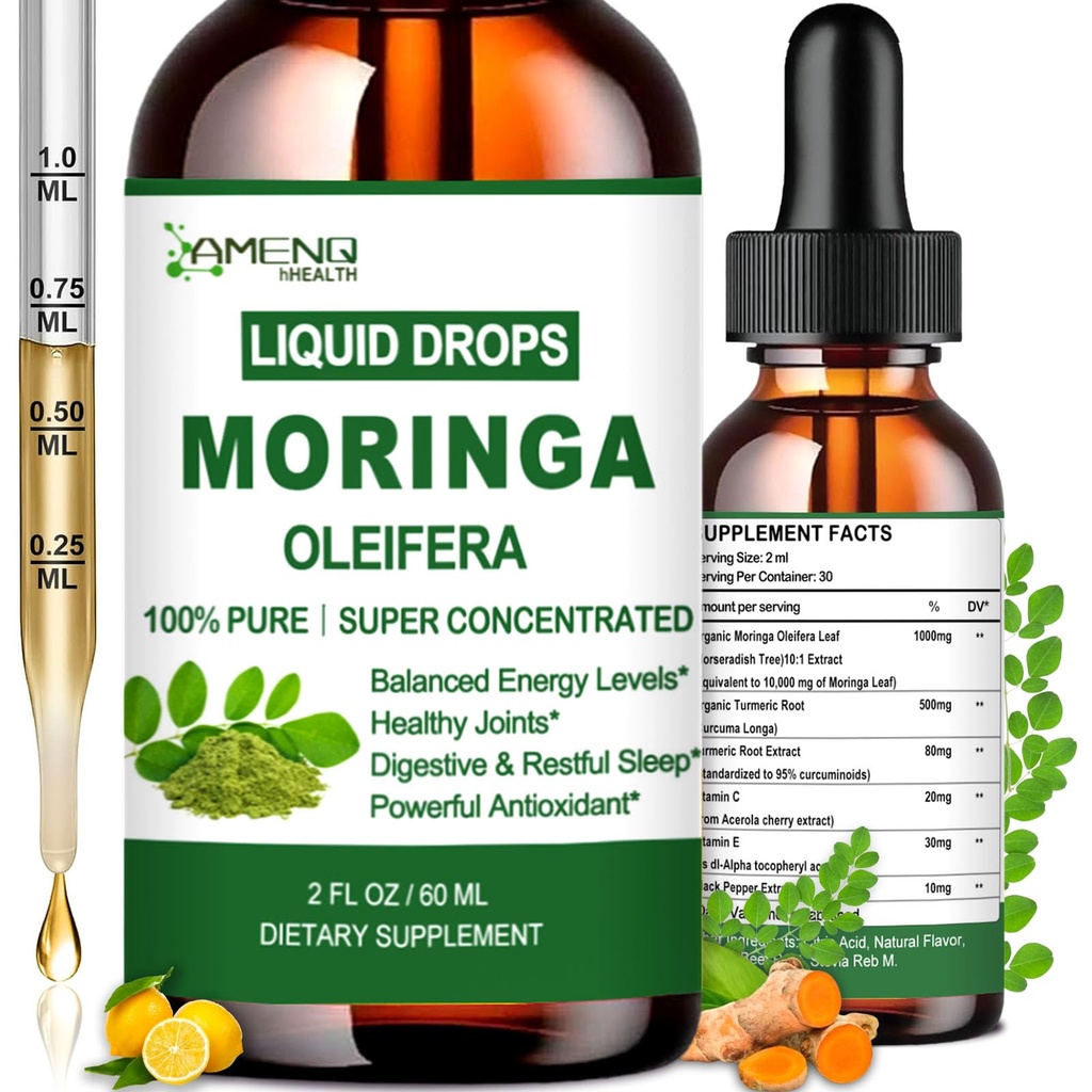 Pure Moringa Oleifera Liquid Drops, Organic Moringa Leaf Extract w. Kurkuma, Black Pepper, Moringa Supplement voor Energie Metabolisme Immune Skin Joint & Gut, 6X Sterker dan Moringa Capsules Poeder