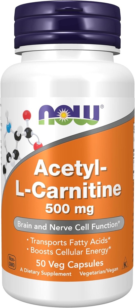 NOW Foods Supplementen, Acetyl-L Carnitine 500 mg, aminozuur, hersen- en zenuwcelfunctie*, 50 Veg Capsules