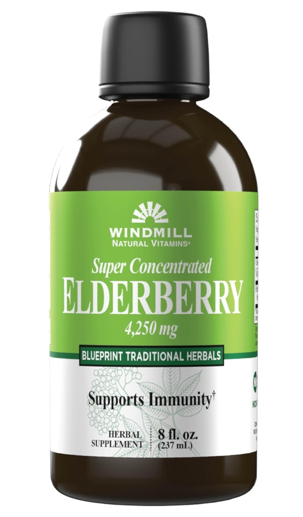 Windmolen Natuurlijke Vitaminen Super Geconcentreerde Zwarte Vlierbessen, Ondersteunt Immune System, Rijk aan Antioxidanten, 8 Fl Oz