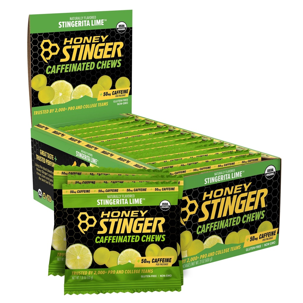 Honey Stinger Stingerita Lime Caffeinated Energy Kauw, Glutenvrij, met cafeïne, voor oefeningen, hardlopen en prestaties, Sportvoeding voor thuis & Gym, Pre en Mid workout, 12 Pack