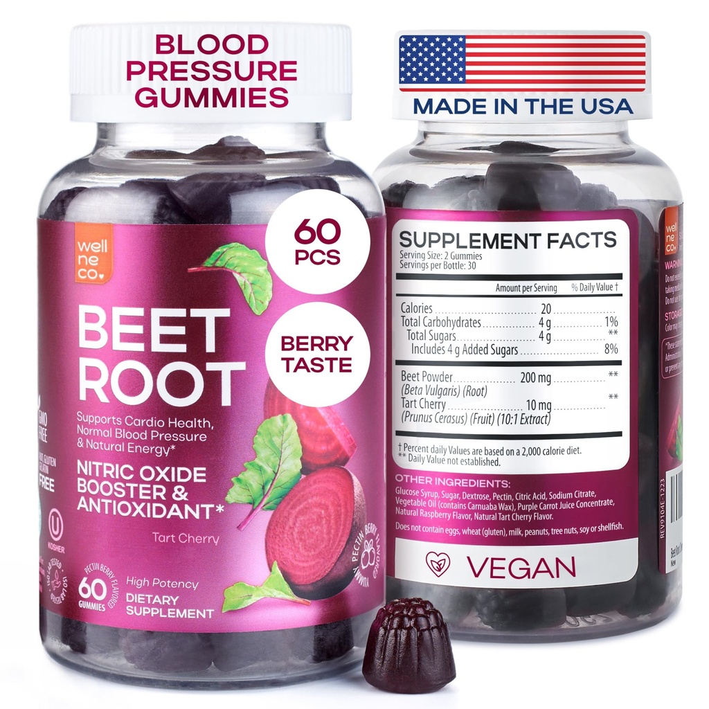 Betteraves pour haute pression artérielle - Gommies de racines de betterave fabriquées aux États-Unis avec cerise de tart - Suppléments d'oxyde nitrique pour l'énergie et la santé cardio - Vegan, Pas d'OGM, Pectine base - pour les femmes et les hommes, 60 Pcs