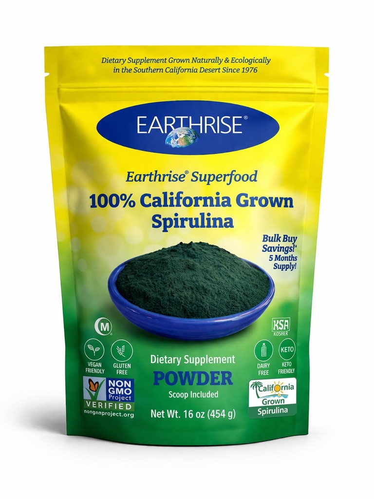Earthrise Spirulina Natural Powder 16oz, Natural Premium Spirulina uit Californië- Vegan, Glutenvrij, Keto Friendly, Non -GMO Super Food hoog in vitamines en mineralen. (1 LB)