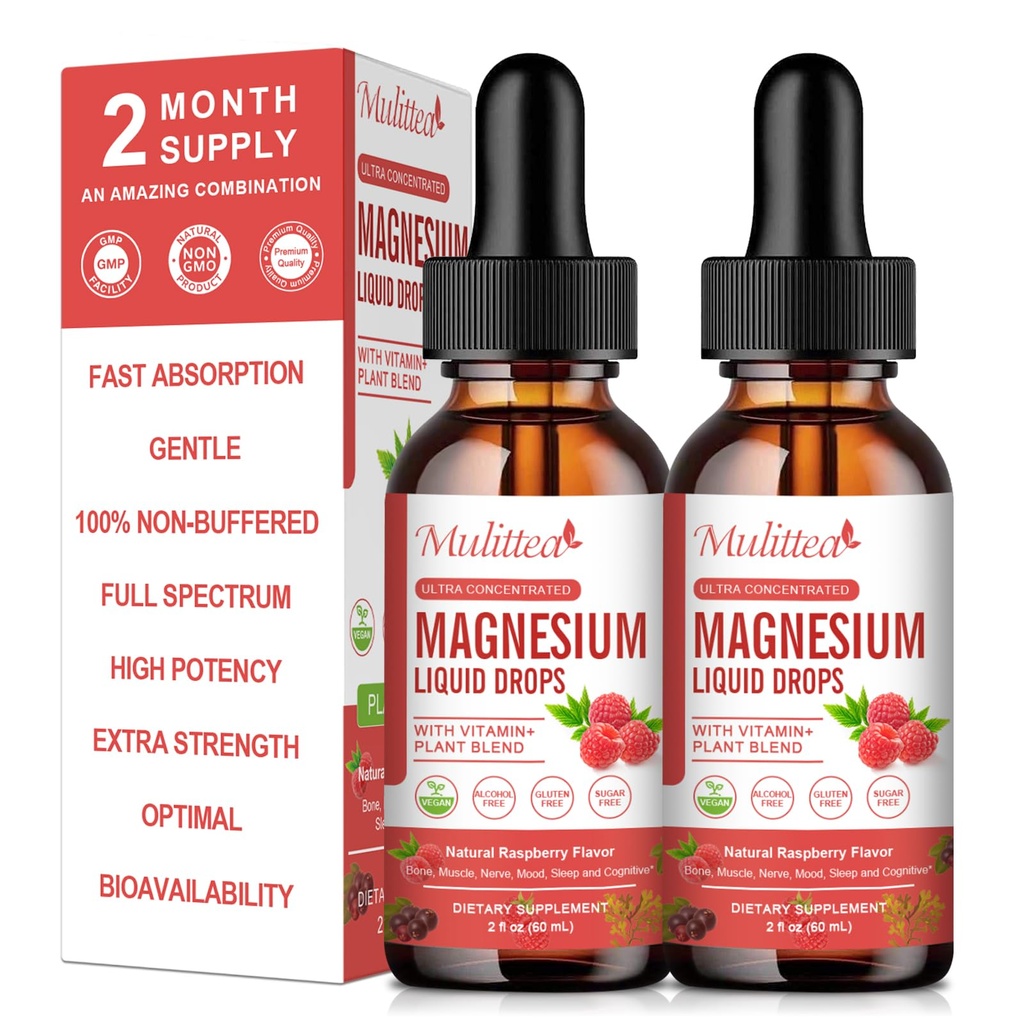 Magnesium Glycinate Liquid Drop - Triple Absorptie Supplement ter ondersteuning van zenuwen, slaap, rust, hart, spieren * -Suikervrij met Kalium, L-Theanine, Zee Moss, Vitamine B,C,D3, K2-2Pack