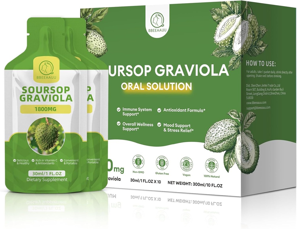Soursop Graviola Oral Liquid 10 FL.OZ, Hoge Absorptie Soursop Bitters Drank voor vrouwen en mannen, Fresh Graviola Fruit Extract voor cel* Regeneratie, Immune & Antioxidant Ondersteuning, Ananas smaak