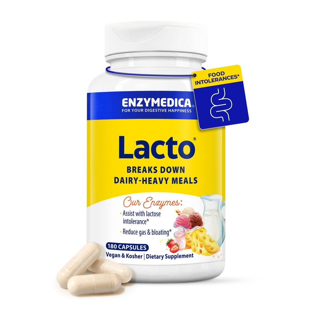 Enzymedica Lacto, Advanced Lactase Pillen voor Dairy Support, Helpt Break Down Lactose, Caseïne & Fat, Dairy Relief Pillen, Vegan, 180 Capsules