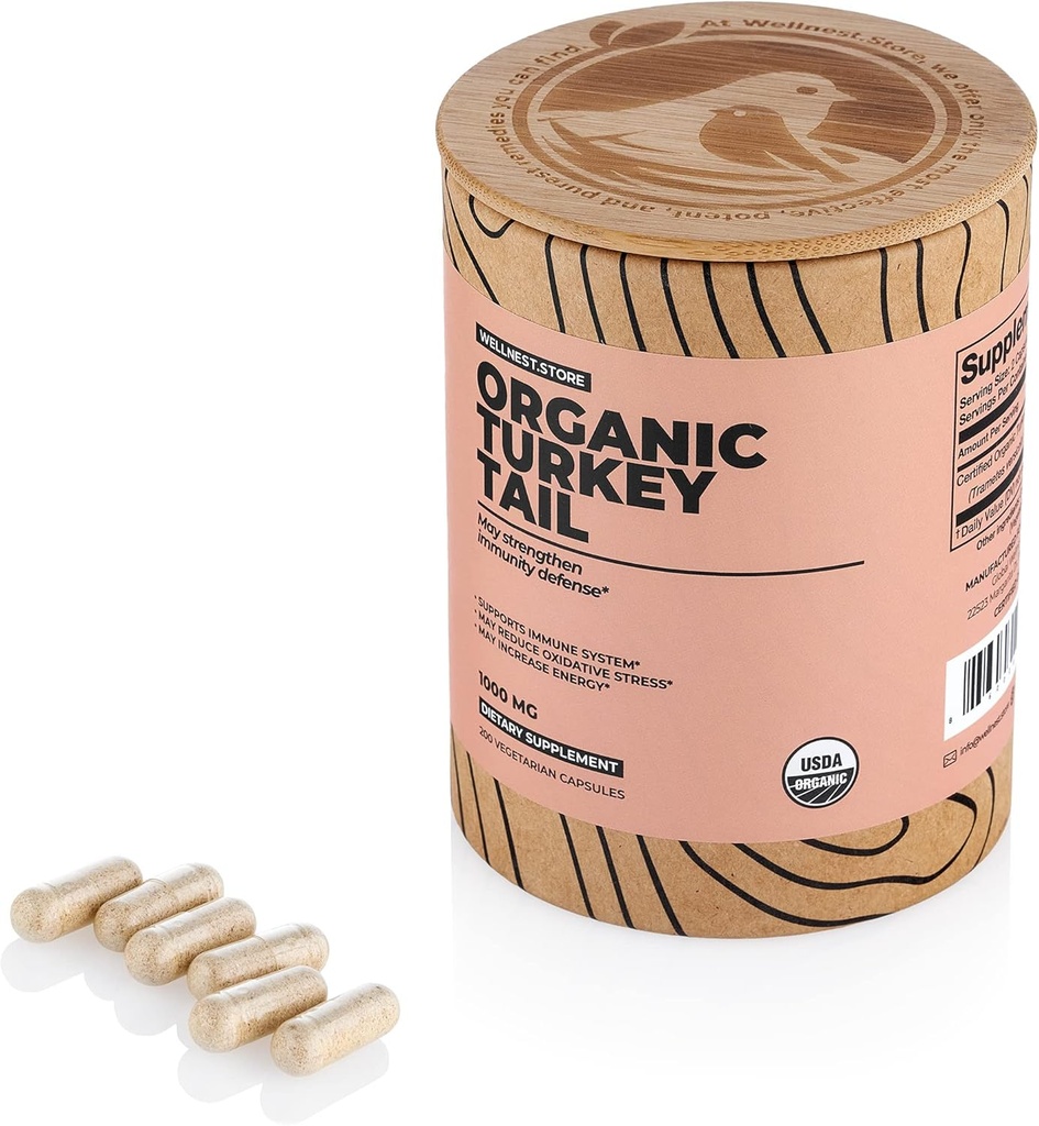 Wellnest. Winkel Turkije staart biologische paddo (Trametes Extract) 200 Veggie Caps - Immune Support Supplement; bevordert de groei van gunstige bacteriën in de darm + Boosts Energie