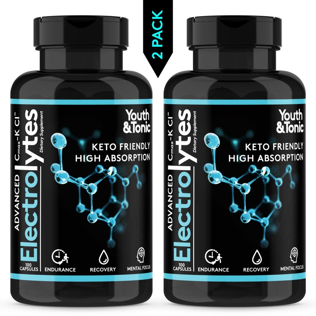 Complete Electrolyte Supplement w Hoge biologische beschikbaarheid en Cmax Chloride Kalium Magnesium voor Endurance Muscle Recovery Mental Focus. Rapid Rehydration Salts en Keto Friendly Pillen met 200 caps