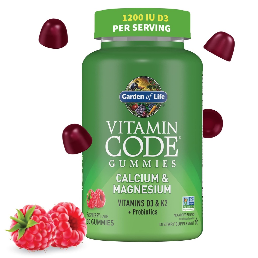 Garden of Life Code Vitamine Calcium Magnésium Gommies avec D3 & K2, soutient la santé des os et la force des os + prébiotiques et probiotiques pour le soutien digestif, non-OGM, sans gluten, 60 Gommies framboises