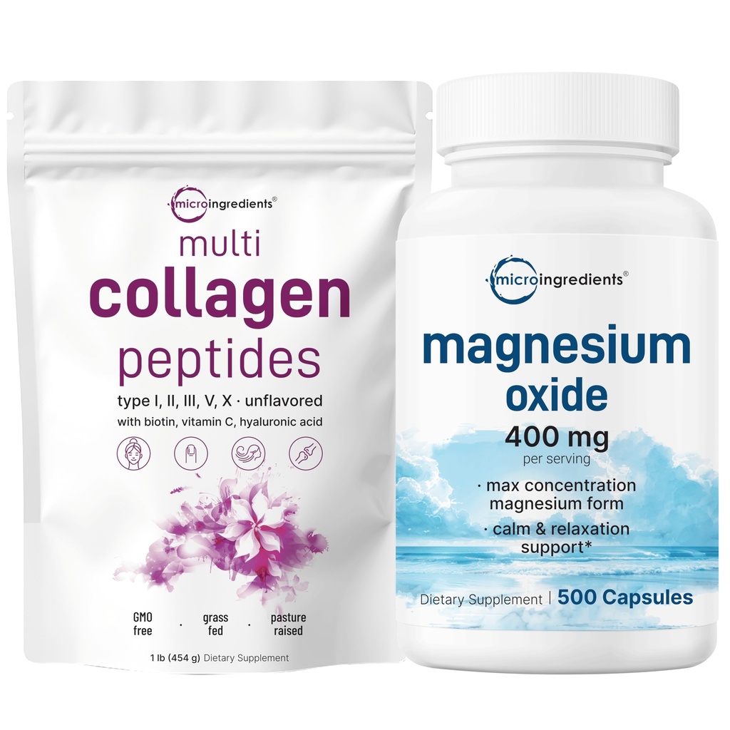 Micro Ingrediënten Multi Collageen Proteïne Poeder 16oz & Magnesium Oxides 400mg Bundelverpakking 