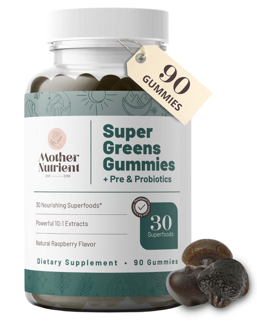 Super Greens Gummies voor Vrouwen, Volwassenen - met Prebiotica & Probiotica, Niet 8, maar 30 Krachtige Groenen Superfoods - Multivitamine Veggie Kauwtabletten (90 Gummies)