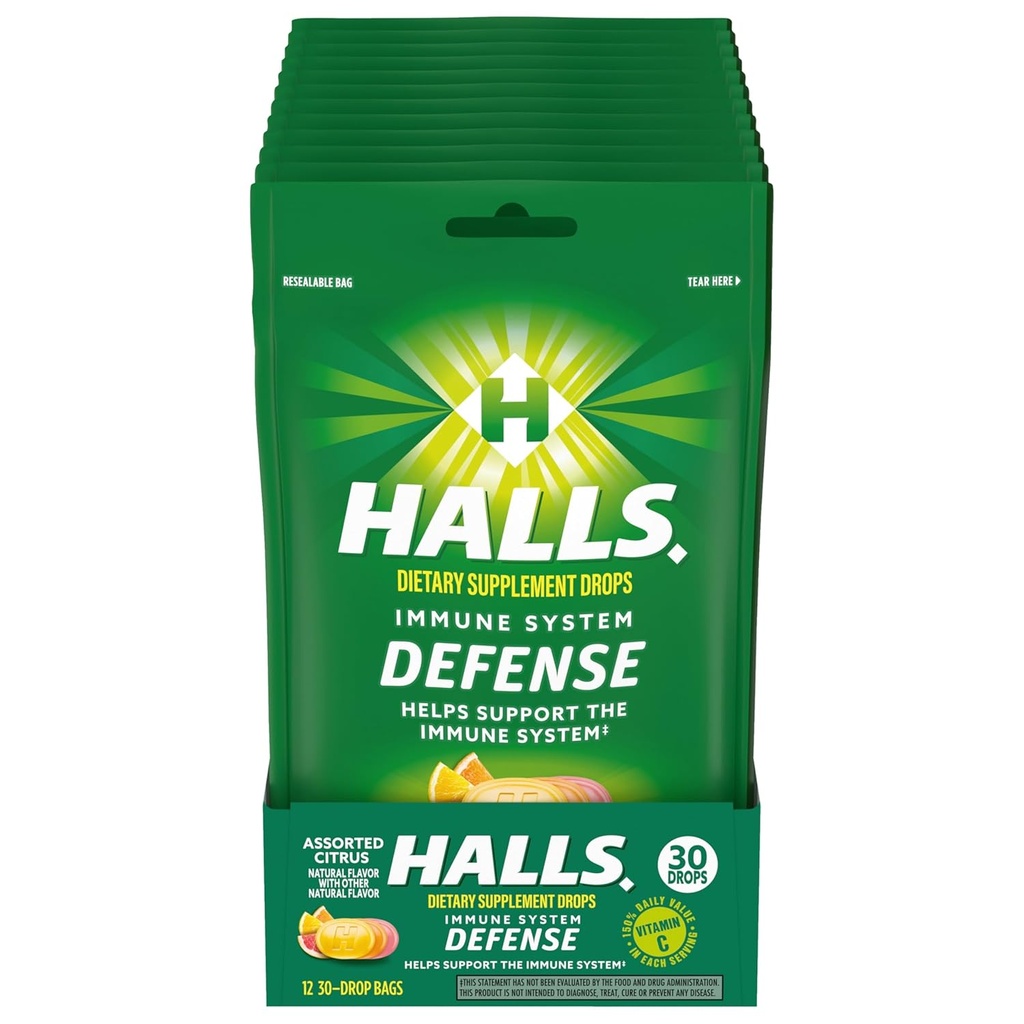 HALLS Defense Assorted Citrus Vitamine C druppels, Dieetsupplement druppels, 12 zakken van 30 druppels (360 totale druppels)