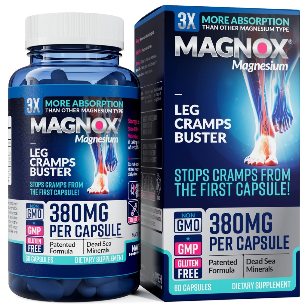 MAGNOX® Crampes de jambe Buster (en anglais seulement) 380mg Magnésium pour les crampes de jambe à la nuit Supplément de magnésium pour spasmes musculaires (en anglais seulement) 3X Plus Absorption (en anglais seulement) Minéraux de mer Morte (en anglais seulement)