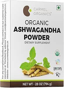 ORGANISMES DE CARMEL Poudre de racine biologique d'Ashwagandha (28 Oz ou 794g/1,75 Lb) Certifié USDA. Laboratoire testé, non OGM et sans gluten avec l'Inde Somnifera